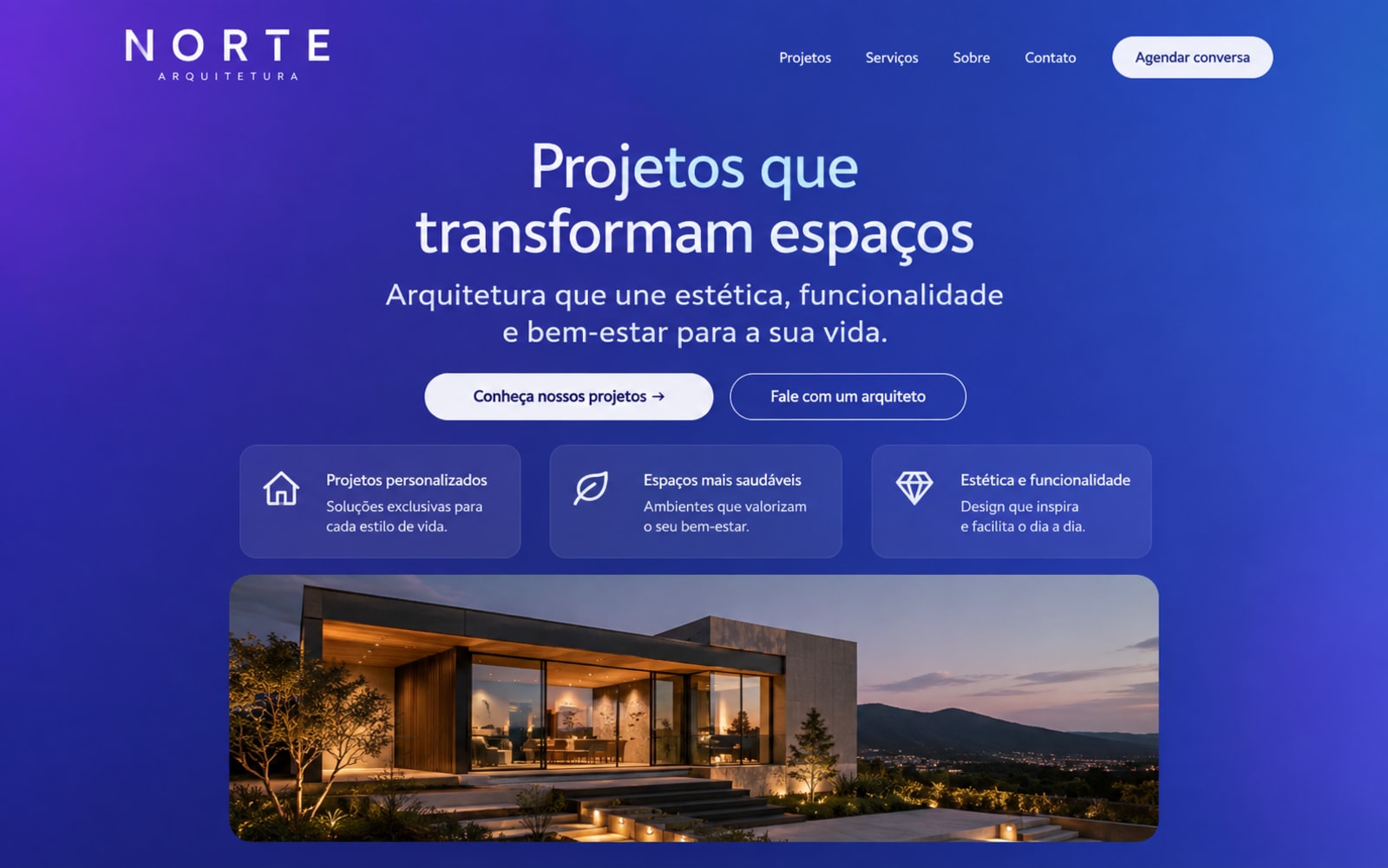 Antes · site genérico feito com IA